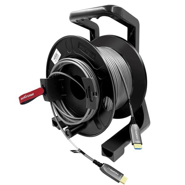 Cable HDMI de fibra óptica retráctil blindado activo 8K a 60 Hz de 150 pies con carrete de tambor de cable portátil