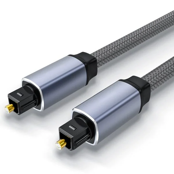 Cable de audio óptico digital Toslink, carcasa de aluminio, conector  chapado en oro, trenzado de nailon, gris - AOC Fiberlink
