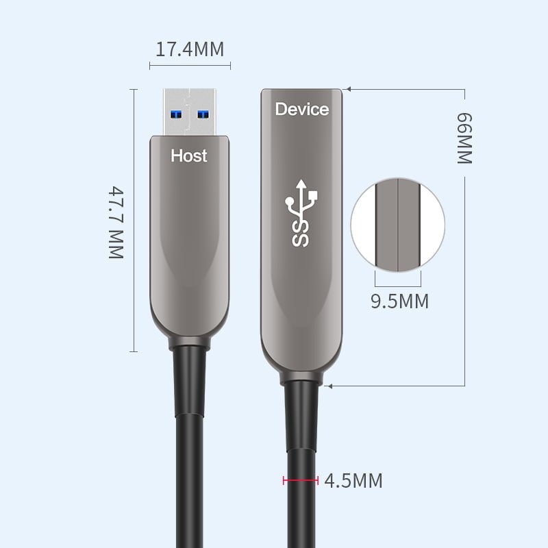 Dimensions du câble d'extension à fibre optique active USB 3.1 Gen 2