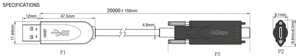 Dimensioni del cavo ottico attivo AOCFiberlink FUAC-3206 USB 3 Gen 2