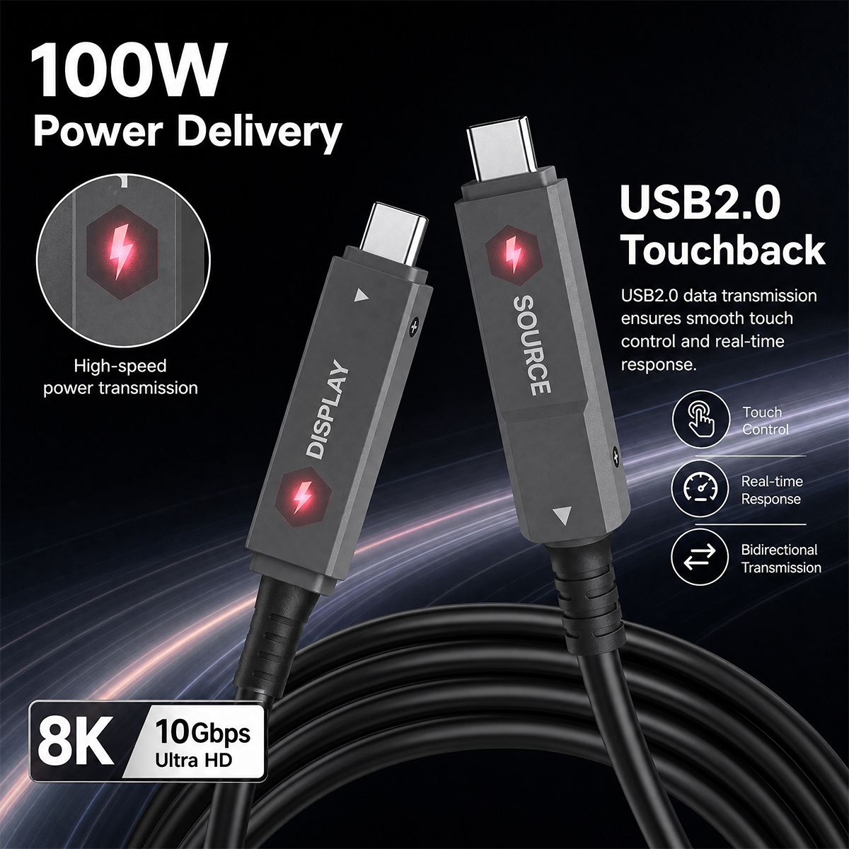 AOCFiberLink FUCC-3205 USBC Optical Cable-100W PD-USB2.0 Touch-1200 AOCFiberLink FUCC-3205 USBC Optical Cable-100W PD-USB2.0 Touch-1200