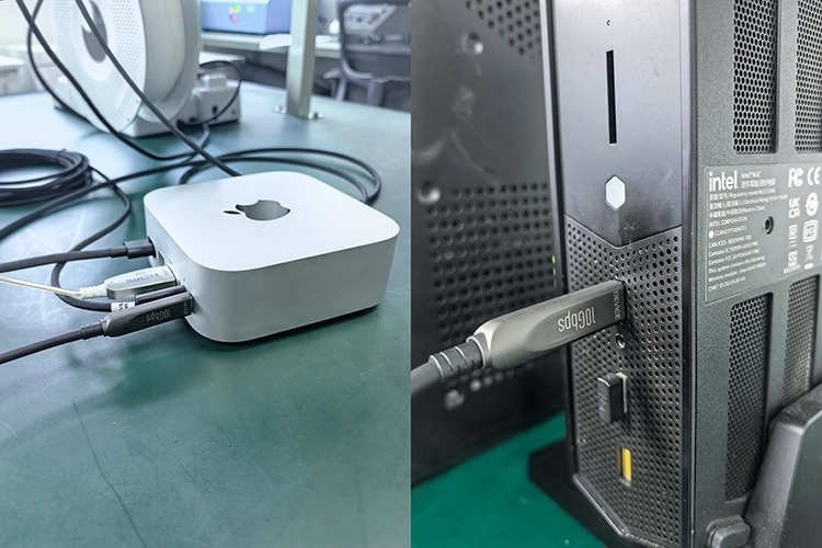 FUAC-3204 Fiber optic USB A to C cable: Connect the A port to the MAC MINI Thunderbolt Ports or MINI host 