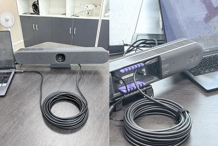 FUAC-3204 Fiber optic USB A to C cable connected to Logitech Meetup2 Video Conference Bar